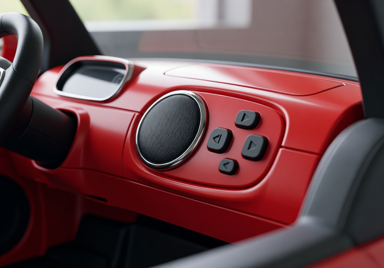 Built-in Bluetooth speaker and music controls on kids electric ride-on car dashboard