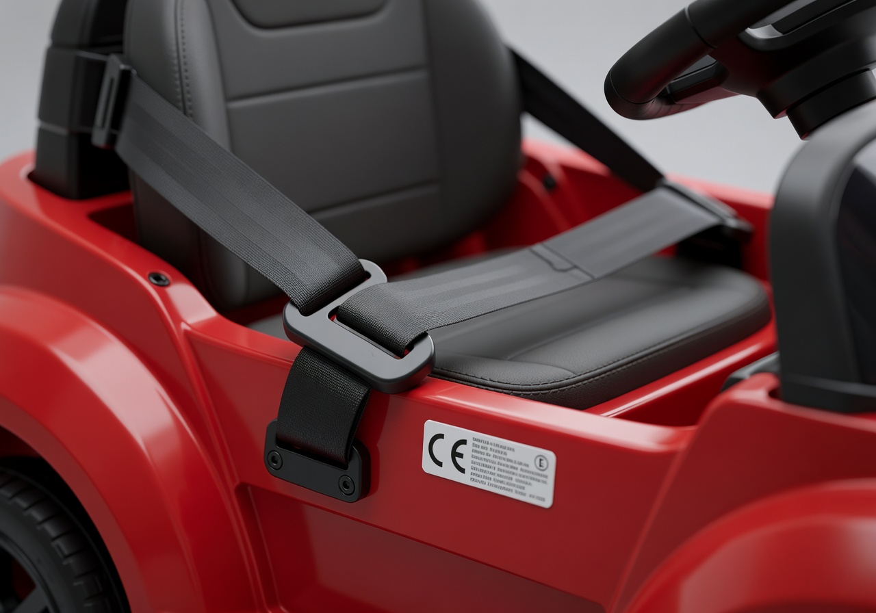 Close-up of safety seatbelt and CE certification label on kids electric ride-on car