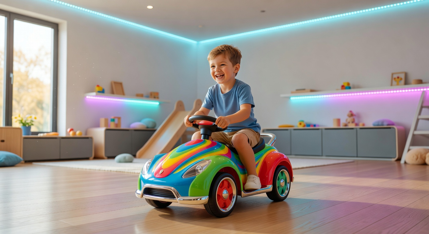 Happy child driving a colorful electric ride-on car in a bright modern playroom with LED lights
