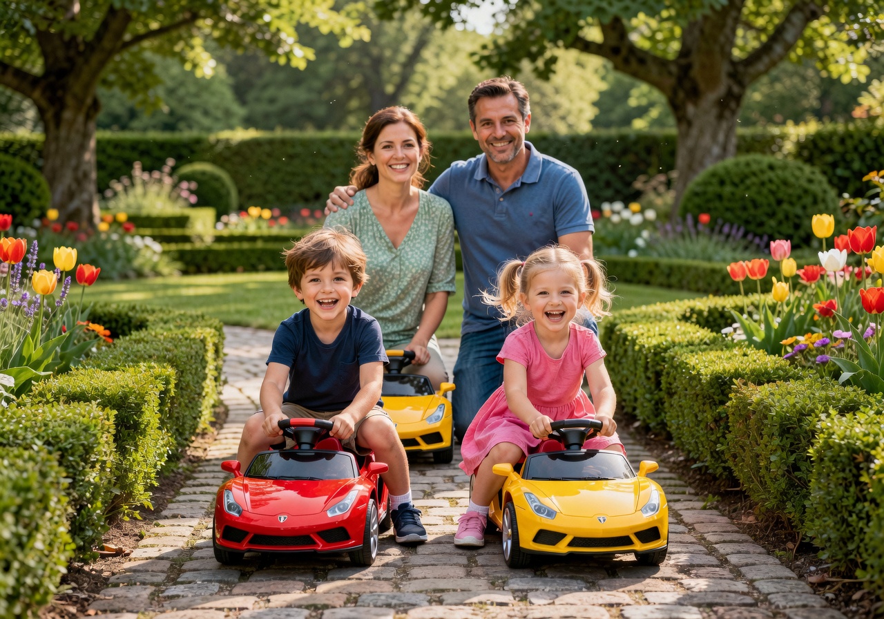 Happy family watching child play with electric ride-on car in garden with green grass and sunshine