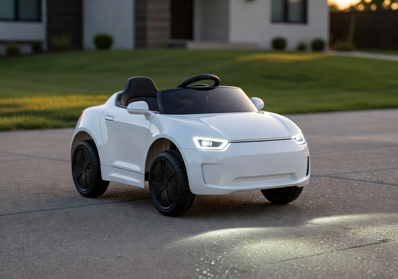 MiniDrive X compact kids electric ride-on car in white with LED headlights and remote control