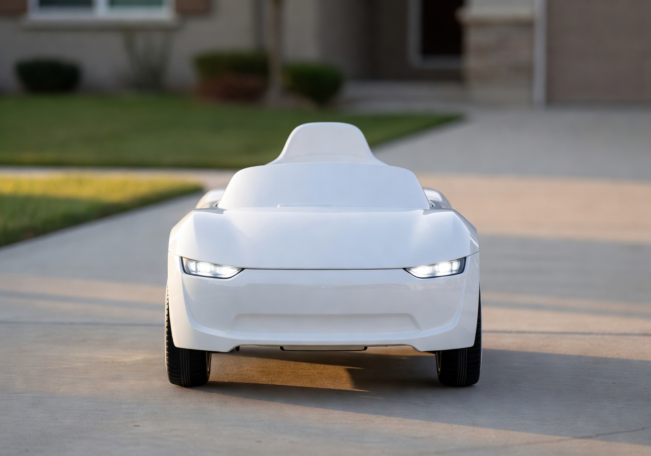 MiniDrive X kids electric ride-on car main view showing white compact design with LED headlights