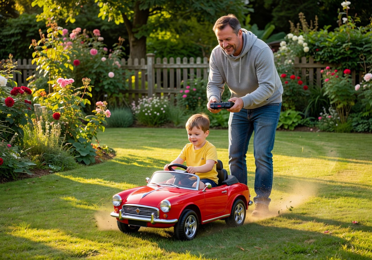 Parent using wireless remote control for kids electric ride-on car in garden