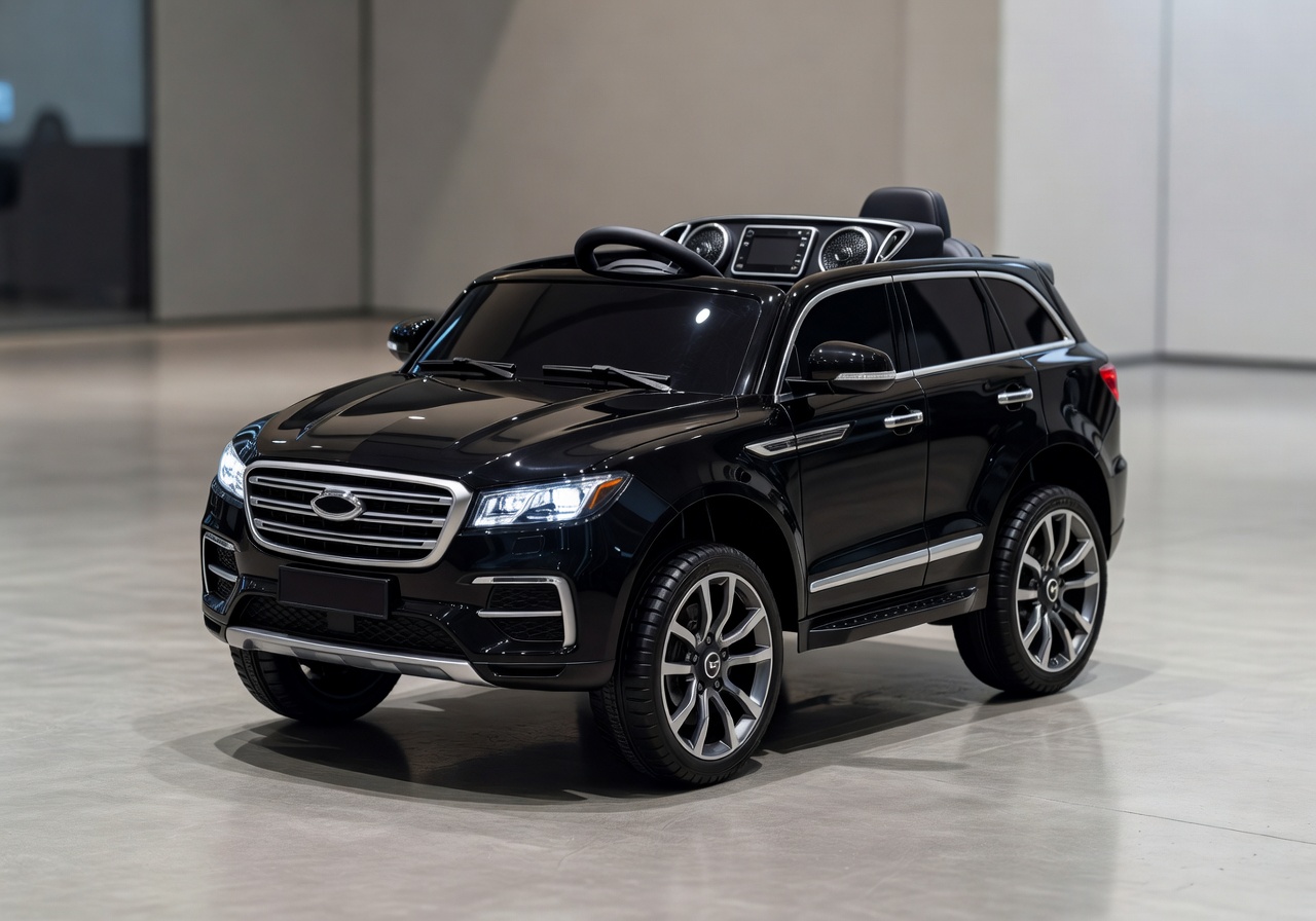 TurboKids Pro large kids electric ride-on SUV in black with music system and realistic dashboard