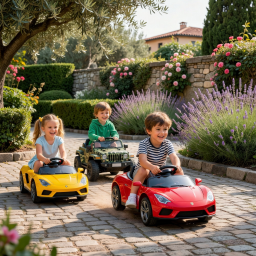 Video thumbnail showing kids electric ride-on car demonstration in a sunny European garden